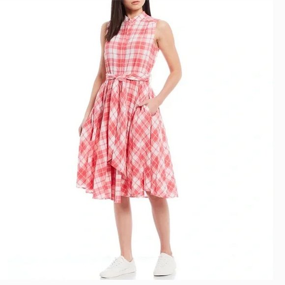 Calvin Klein Pink Plaid Button Down Sleeveless Dress Fit & Flare Cotton Swing - Picture 2 of 13